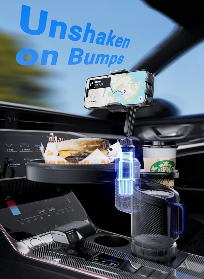 كيلا صينية حامل أكواب السيارة، صينية طاولة طعام قابلة للتعديل 4 في 1، حامل أكواب السيارة الموسع مع حامل هاتف يدور 360 درجة، حامل أكواب مشروبات إضافي، 4 قواعد قابلة للتوسيع للاستقرار، أساسيات الرحلات البرية - Image 3