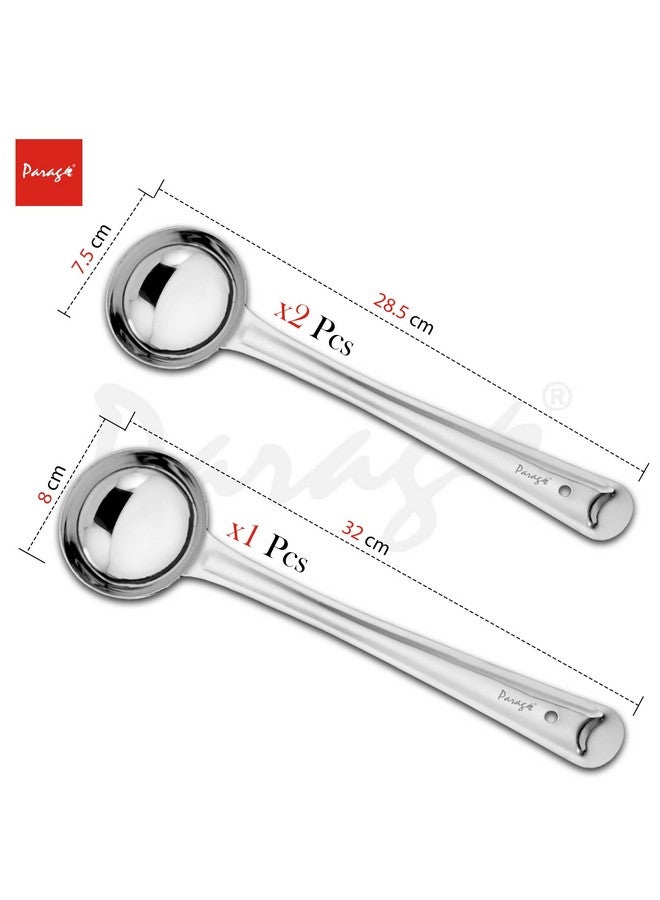 Parage 3 Pieces Stainless Steel Ladle Set for Kitchen Cooking and Serving, Pack of 3, Karchi/Soup Ladle/Kalchun, Silver (Size: 12.5 inches x 1, 11 inches x 2) - Image 2
