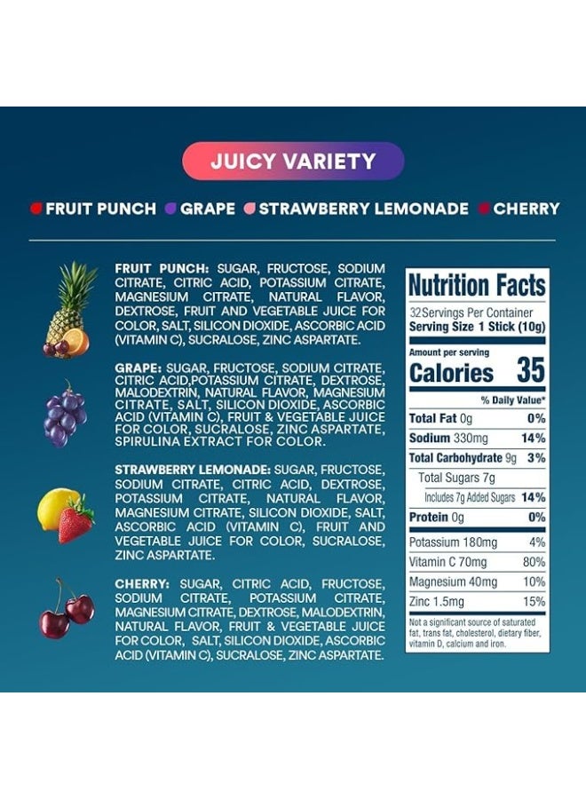 DripDrop Hydration Juicy Variety Pack Electrolyte Drink Mix Single-Serve Powder Packets- Grape, Fruit Punch, Strawberry Lemonade, Cherry - 32 Servings - Image 2