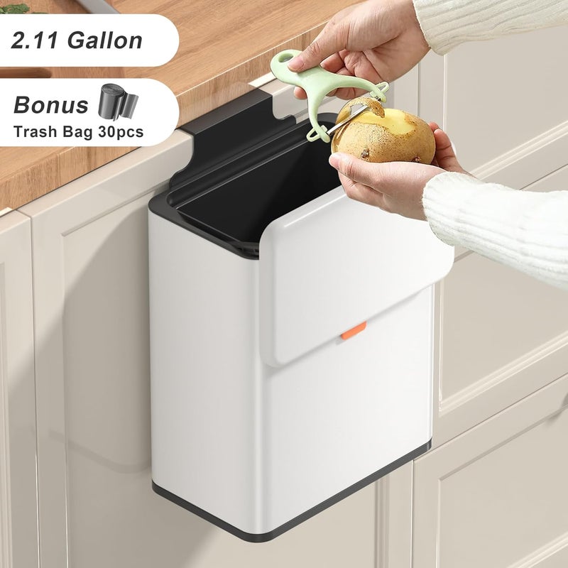 Mbillion Kitchen Compost Bin Hanging Trash Can with Lid 2.1 Gallon Stainless Steel Garbage Can for Kitchen Cabinet Door Mounted Trash Can Under Sink Door RV Bathroom,White - Image 2