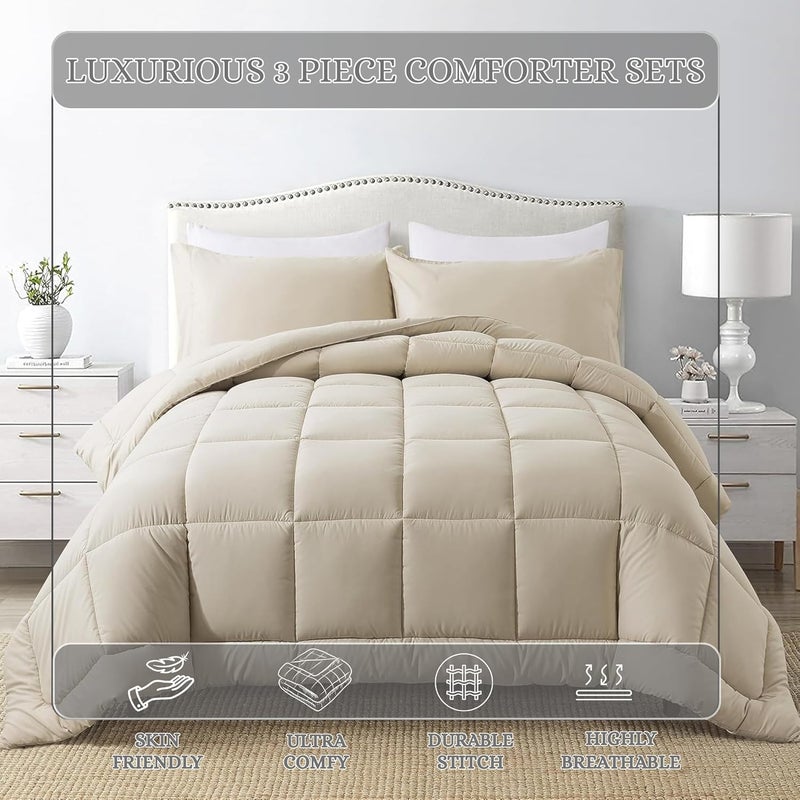 MUSA MUSA® Luxury 3-Piece Bed Comforter Set – Fade & Wrinkle Free Bedding Set | For All-Seasons with Down Alternative Fill & Includes 1 Cozy Comforter & 2 Pillow Shams (Beige, 220 x 240cm) - Image 4