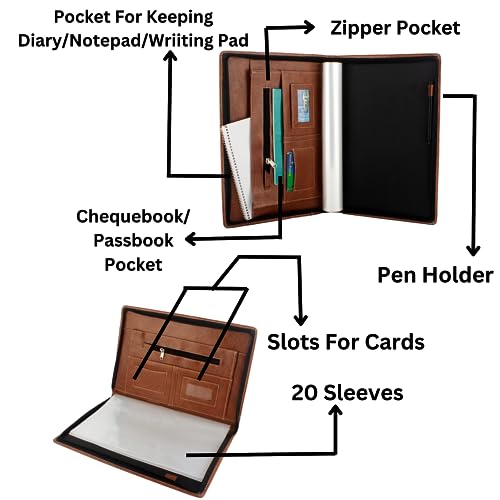 Asraw PU Faux Leather Deluxe B4 Size Document Holder 20 Leafs Zipper File Folder Organizer for Certificates, Marksheets, Degrees, Interview Portfolio, Important Papers (Brown, File Folder) - Image 4