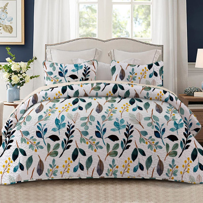 Whale Flotilla Whale Flotilla Reversible Floral Quilt Set Full Queen Size Lightweight Boho Printed Bedspreads Coverlets Quilts Bedding Set with 2 Pillow Shams for All Seasons WhiteNavy 