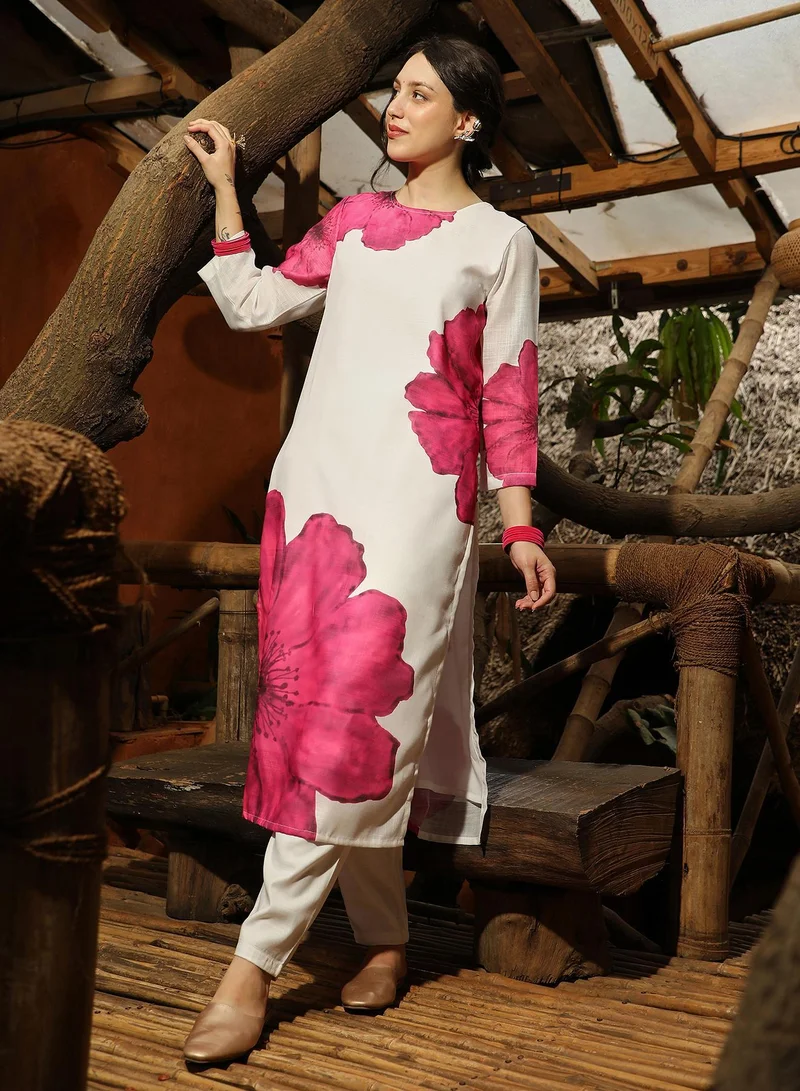 Qissa Pink Qissa Women's Royal Pink Primrose Flora Kurta With Trousers For Casual Wear | Round Neck | Quarter Sleeves | 2 Piece Kurta Set Designed With Comfort Fit For Everyday Ethnic Wear for Women | Best Price UAE