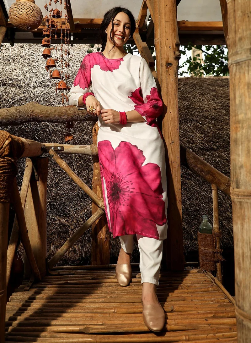 QISSA Qissa Women's Royal Pink Primrose Flora Kurta With Trousers For Casual Wear | Round Neck | Quarter Sleeves | 2 Piece Kurta Set Designed With Comfort Fit For Everyday Ethnic Wear