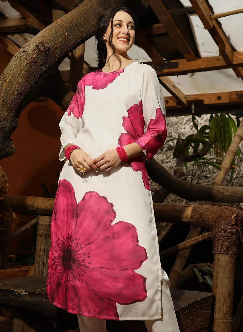 QISSA Qissa Women's Royal Pink Primrose Flora Kurta With Trousers For Casual Wear | Round Neck | Quarter Sleeves | 2 Piece Kurta Set Designed With Comfort Fit For Everyday Ethnic Wear