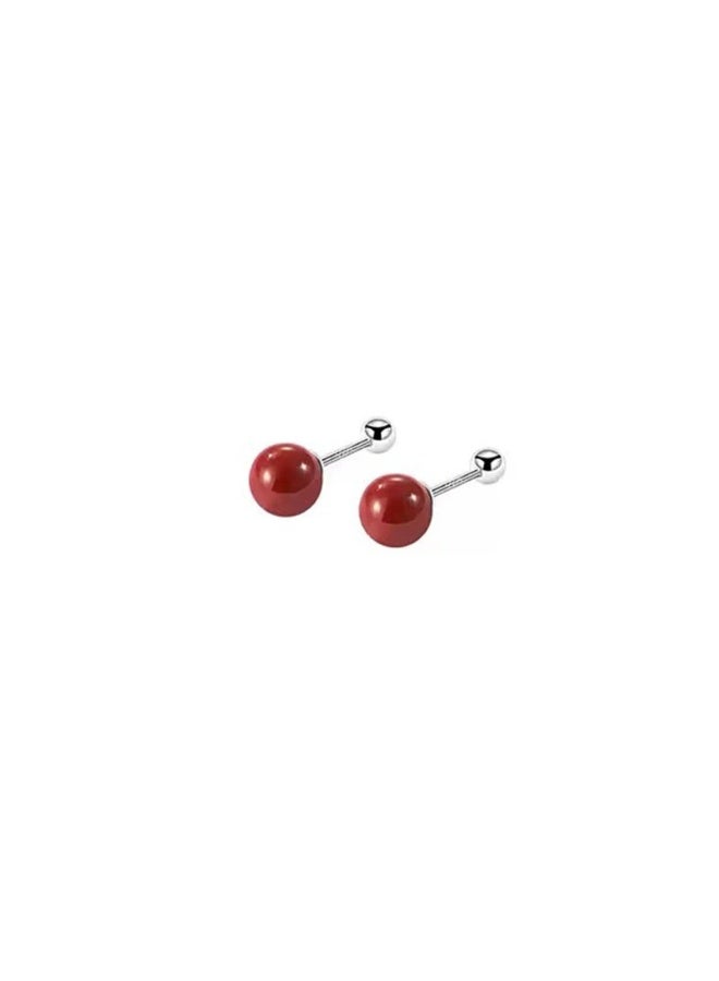 Goolsky S925 Sterling Silver Cinnabar & Pearl Ear Studs – Hypoallergenic Cartilage & Lobe Earrings, Chic Small‑Batch Red Ear Jewelry - Image 1