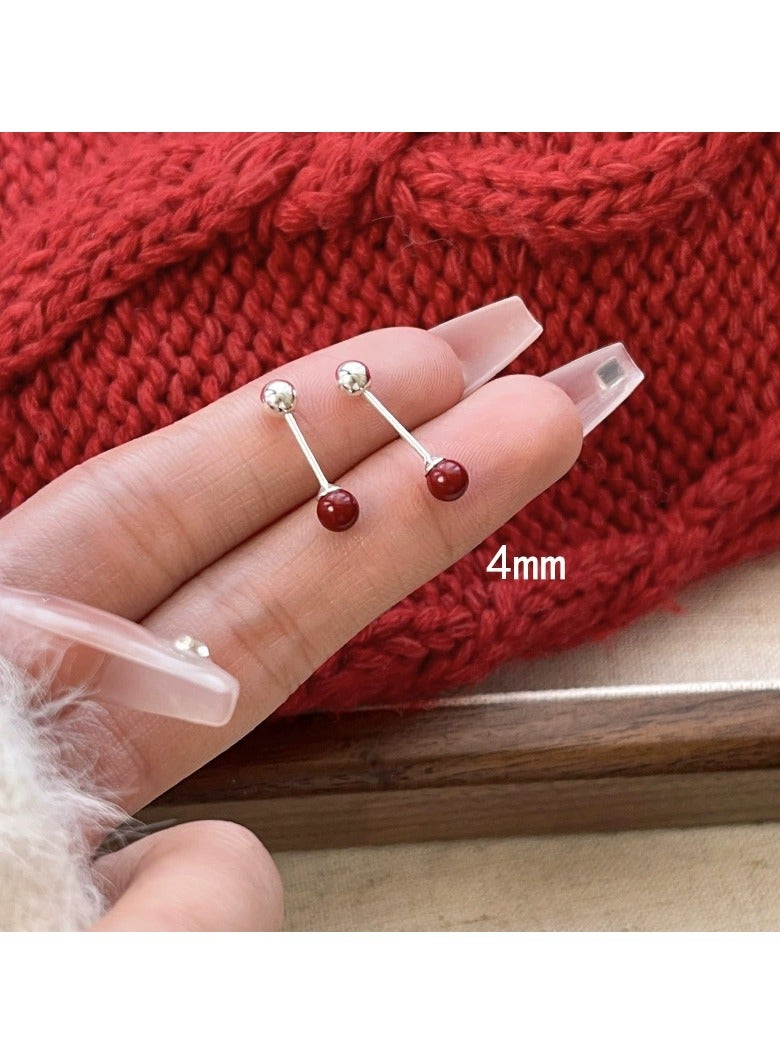 Goolsky S925 Sterling Silver Cinnabar & Pearl Ear Studs – Hypoallergenic Cartilage & Lobe Earrings, Chic Small‑Batch Red Ear Jewelry - Image 2