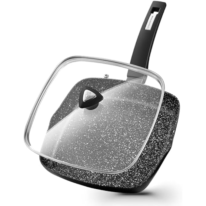 KOCH SYSTEME CS 24Cm Nonstick Grill Pan For Stove Tops Marble Coating Square Skillet With Lid Aluminium Grilling Pan With Bakelite Handle Induction Compatible Indoor  Outdoor Steak Pan Pfoa Free - Image 1