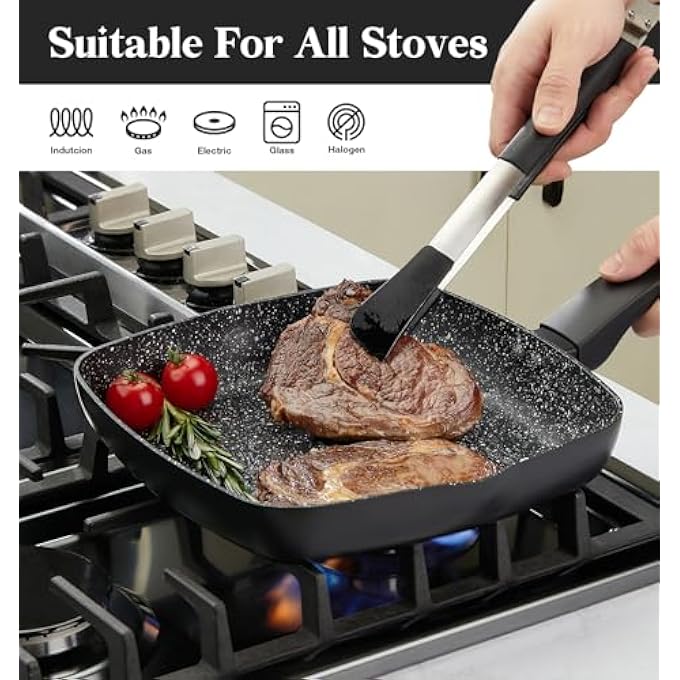 KOCH SYSTEME CS 24Cm Nonstick Grill Pan For Stove Tops Marble Coating Square Skillet With Lid Aluminium Grilling Pan With Bakelite Handle Induction Compatible Indoor  Outdoor Steak Pan Pfoa Free - Image 5