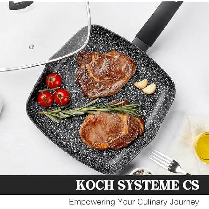 KOCH SYSTEME CS 24Cm Nonstick Grill Pan For Stove Tops Marble Coating Square Skillet With Lid Aluminium Grilling Pan With Bakelite Handle Induction Compatible Indoor  Outdoor Steak Pan Pfoa Free - Image 3