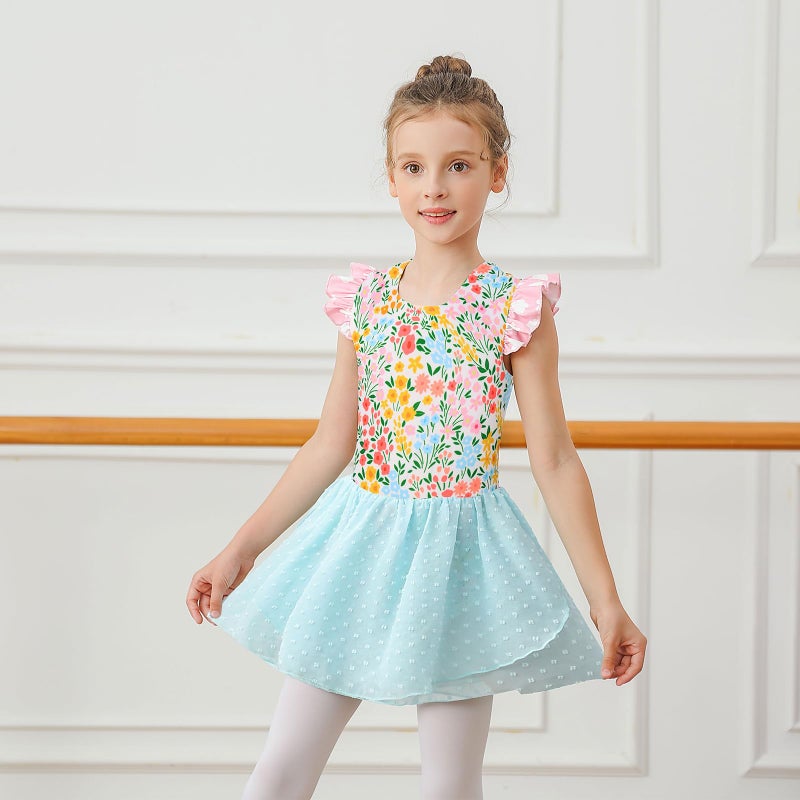 Funnycokid Ballet Leotard for Girls Dance Leotards with Skirt Toddler 4T Ruffle Sleeve Ballerina Outfit Size 4 - Image 2