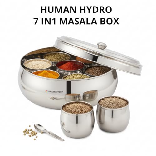 Human Hydro Premium Belly Shape Masala Dabba (18 cm, 7-in-1) | Stainless Steel Spice Box with See-Through Lid, 7 Containers & 1 Spoon | Compact Airtight Masala Box - Image 2
