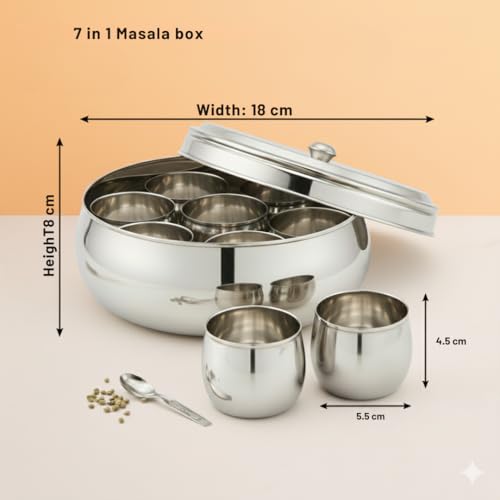 Human Hydro Premium Belly Shape Masala Dabba (18 cm, 7-in-1) | Stainless Steel Spice Box with See-Through Lid, 7 Containers & 1 Spoon | Compact Airtight Masala Box - Image 3