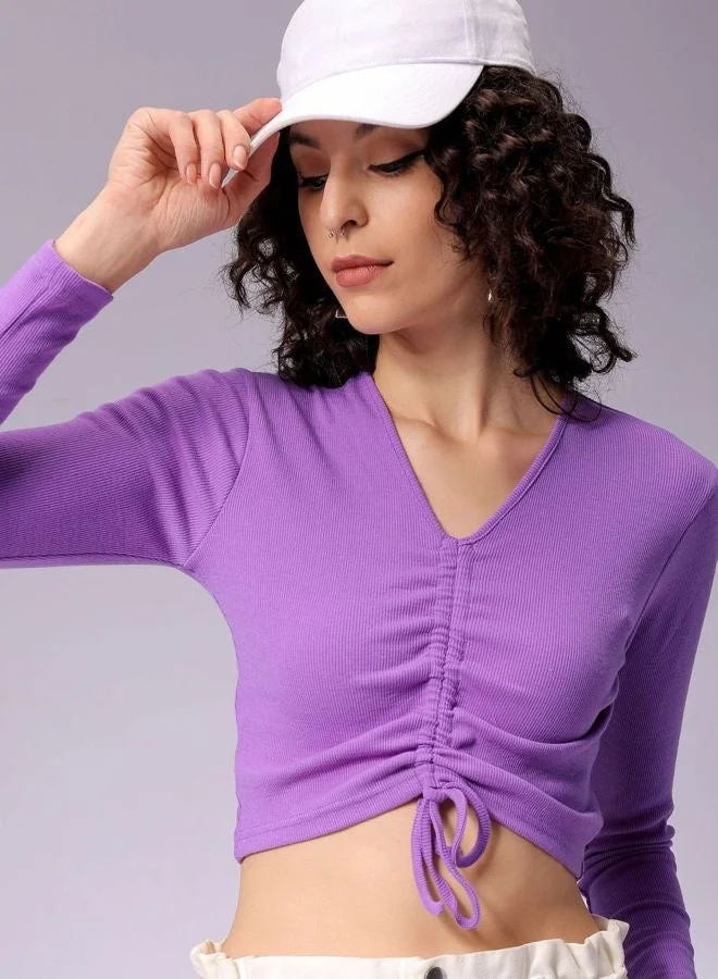 Freehand Women Regular Fit Solid V-Neck Long Sleeve Ruched Top