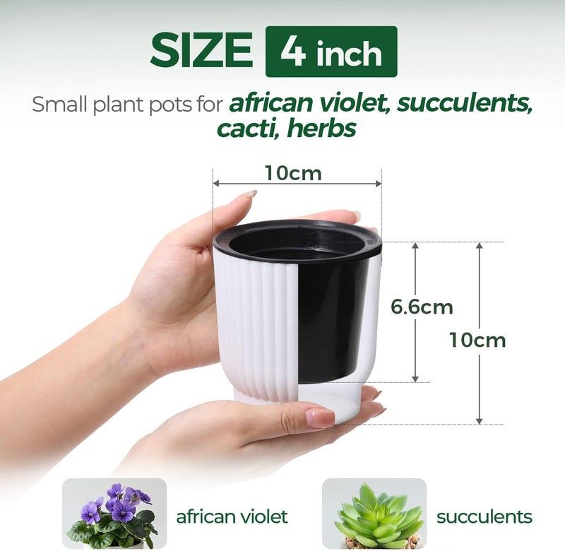 T4U 4 Inch Plant Pots Self Watering, 6 Pack African Violet Pots, Small Plant Pots for Plants, Small Indoor Plant Pot, Self Watering Planter for African Violet, Succulents (6 Pack, 4", White) - Image 2