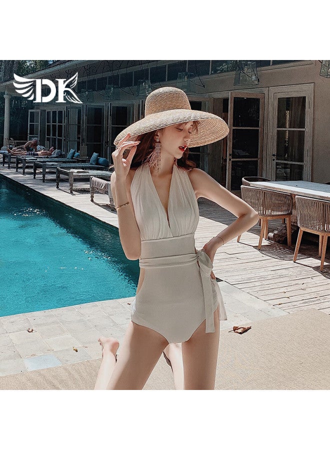 Dkdk One-piece Swimsuit For Women, New Slimming Style For Hot Springs, Beach Vacation, High-end Feel, White, Size L - Image 2
