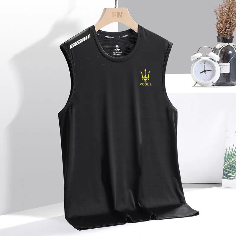 Ice Silk Vest Mens Trendy Thin Breathable Quick-drying Sports Leisure Wide Waistcoat Mens Round Neck Sleeveless T-shirt for Summer Trident [White]] - Image 2