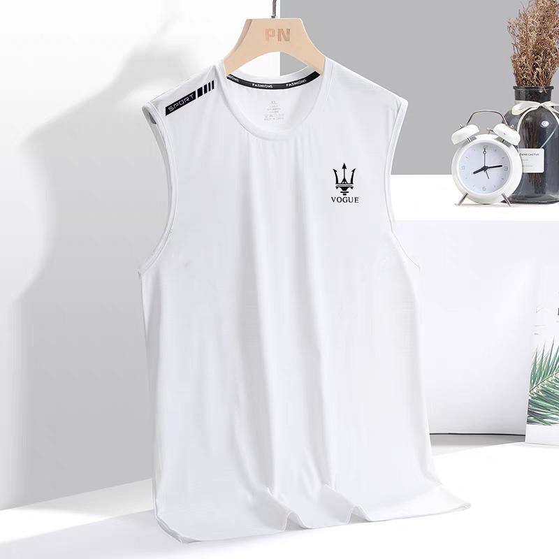 Ice Silk Vest Mens Trendy Thin Breathable Quick-drying Sports Leisure Wide Waistcoat Mens Round Neck Sleeveless T-shirt for Summer Trident [White]] - Image 1