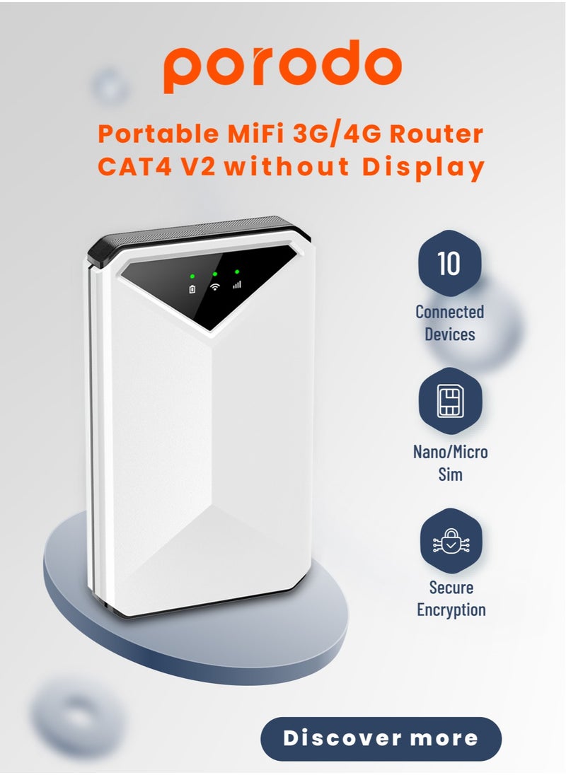 porodo Pocket Router with 4G LTE & Wifi 6 / Nano/Micro Sim /10 Connected Devices / Secure Encryption / 8H Working Time / 2100mAh Battery - White  - Image 2