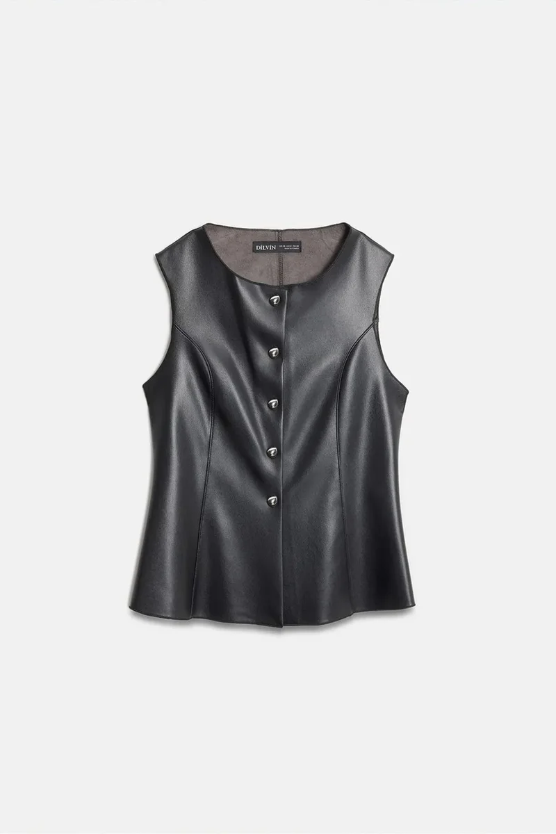 DILVIN Fitted Faux Leather Button Waistcoat