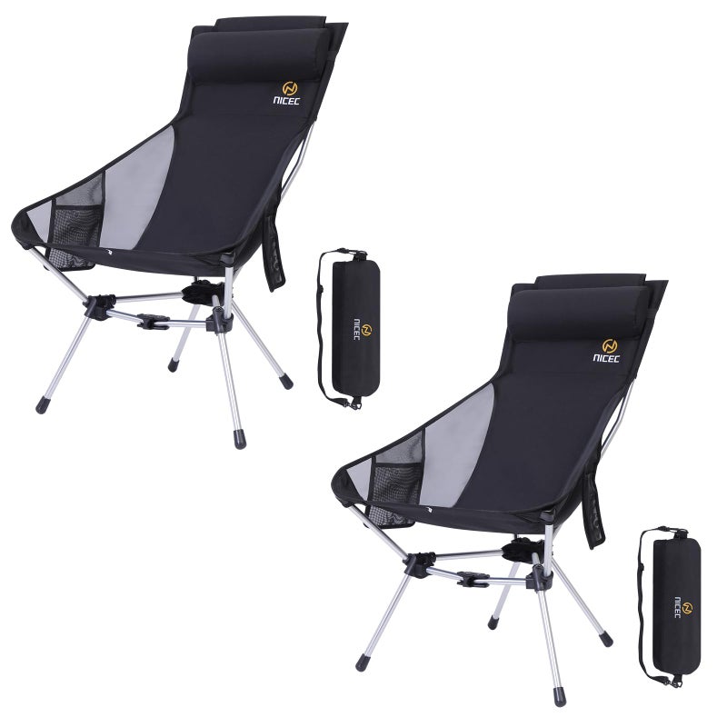 Nice C Ultralight High Back Folding Camping Chair Backpacking Chair Compact  Heavy Duty Outdoor Travel Picnic Festival with 2 Side Pockets Pillow Carry Bag Set of 2 Black