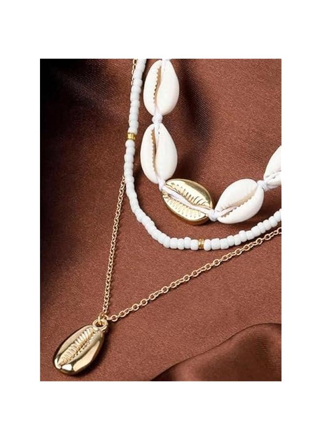 جيليز طقم عقد من 3 قطع بتصميم بوهيمي عتيق على شكل صدف بحري وخرز للنساء، اكسسوارات للشاطئ - Image 4