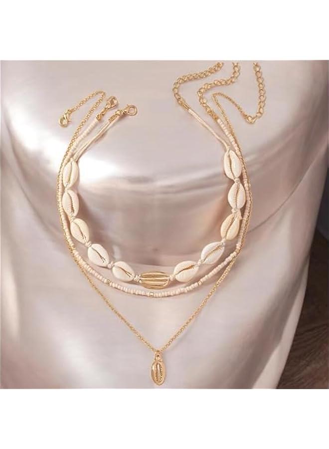 جيليز طقم عقد من 3 قطع بتصميم بوهيمي عتيق على شكل صدف بحري وخرز للنساء، اكسسوارات للشاطئ - Image 5