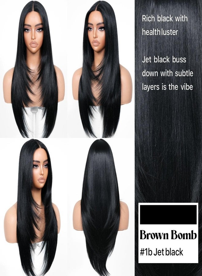 BrownBomb Black Wear and Go Glueless Wigs Pre Plucked Pre Cut for Beginners Long Layered Straight Synthetic Lace Front Wigs with bangs 26 Inch Natural 1B 3 Seconds to Wear for Beginners - Image 3