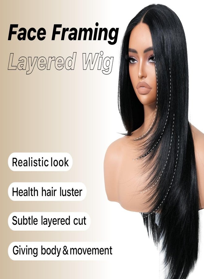 BrownBomb Black Wear and Go Glueless Wigs Pre Plucked Pre Cut for Beginners Long Layered Straight Synthetic Lace Front Wigs with bangs 26 Inch Natural 1B 3 Seconds to Wear for Beginners - Image 2