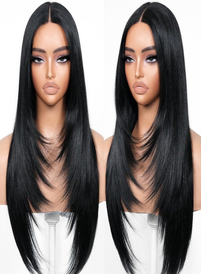 BrownBomb Black Wear and Go Glueless Wigs Pre Plucked Pre Cut for Beginners Long Layered Straight Synthetic Lace Front Wigs with bangs 26 Inch Natural 1B 3 Seconds to Wear for Beginners - Image 1