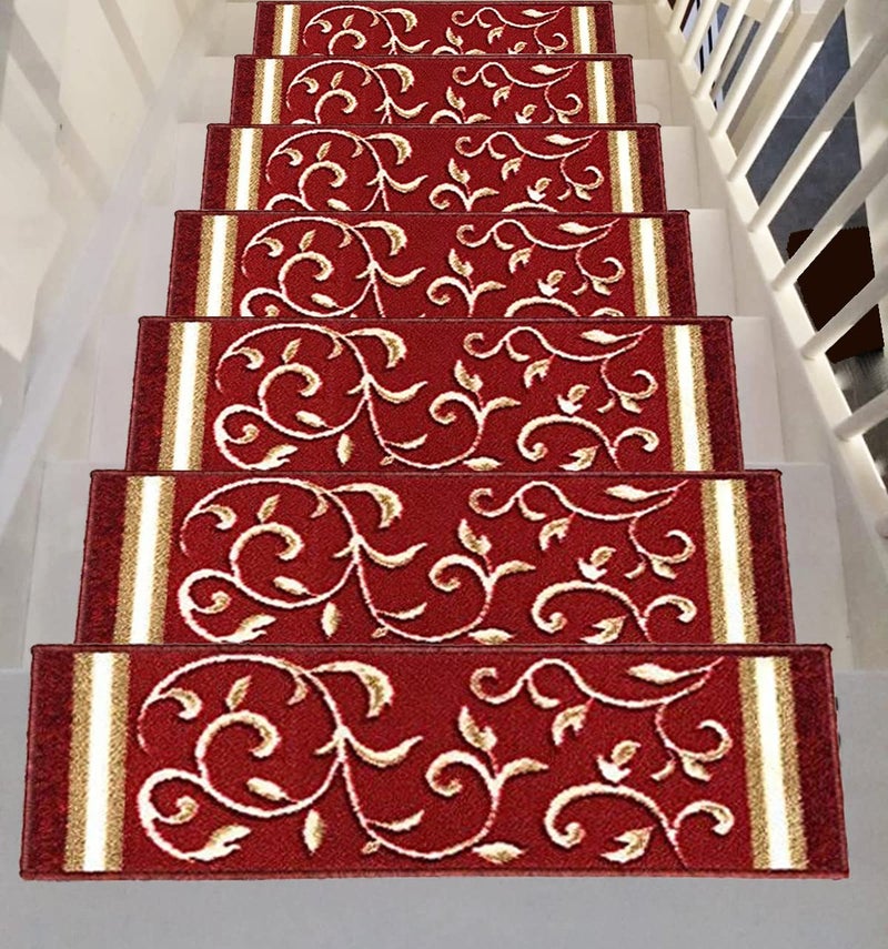 Gloria Stair Treads Carpet NonSlip Stair Runners for Wooden Steps Non Slip Rubber Back Stair Rugs Stairway Carpet Set of 7 Red Floral 85 x 26 - Image 2