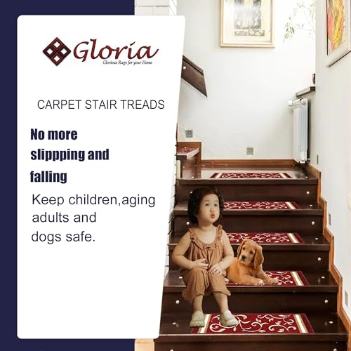 Gloria Stair Treads Carpet NonSlip Stair Runners for Wooden Steps Non Slip Rubber Back Stair Rugs Stairway Carpet Set of 7 Red Floral 85 x 26 - Image 3