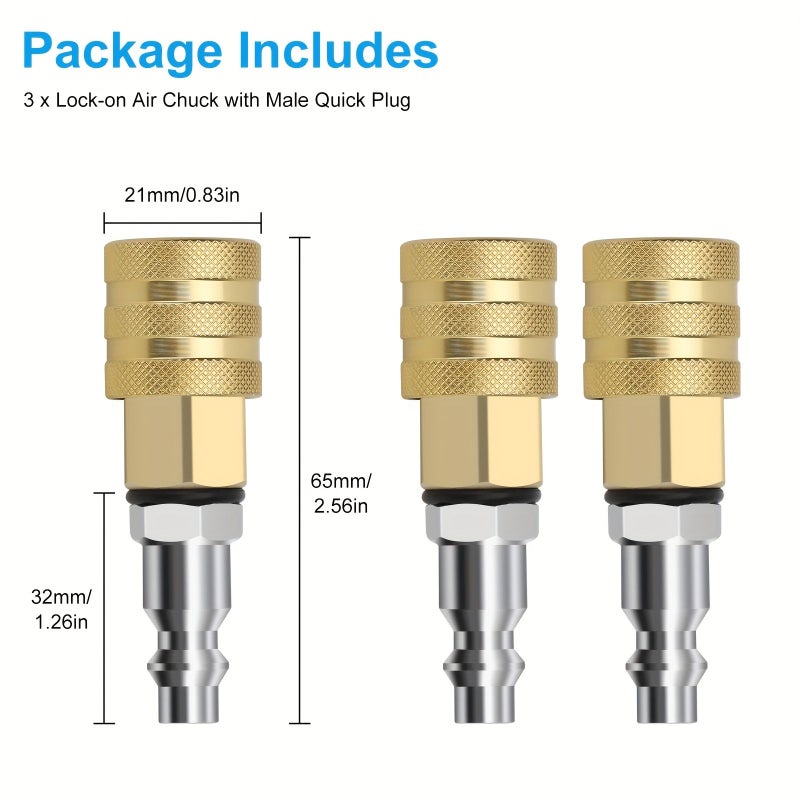 3 Pcs Locking Air Nozzles With 1/4 Inch Internal Thread And External Thread Quick Connector For Tire Inflation Gauge And Air Compressor - Image 5