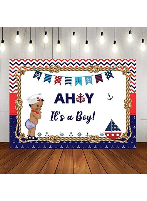 Theme My Party - Theme My Party Nautical-Ahoy Birthday Party Backdrop for Photography Banner Kids Event Cake Table Decor Home Decoration Photo Booth Background (6ft X 6ft) - Image 1