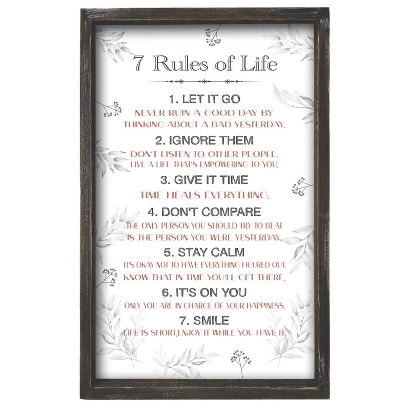 EXQUIDECA Positive 7 Rules of Life Wall Decor Sign - Affirmation Inspirational Life Attitude Plaque in Solid Wood 16x9.5 Inches Vertical - Motivational Framed Signs for Living Room - Image 1