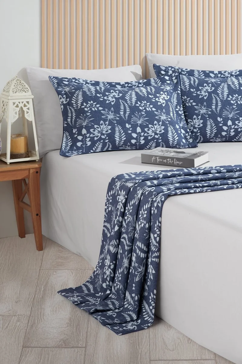Elart Mokka Linen Look Bedspread Pique Set 3 Piece Double Navy Blue