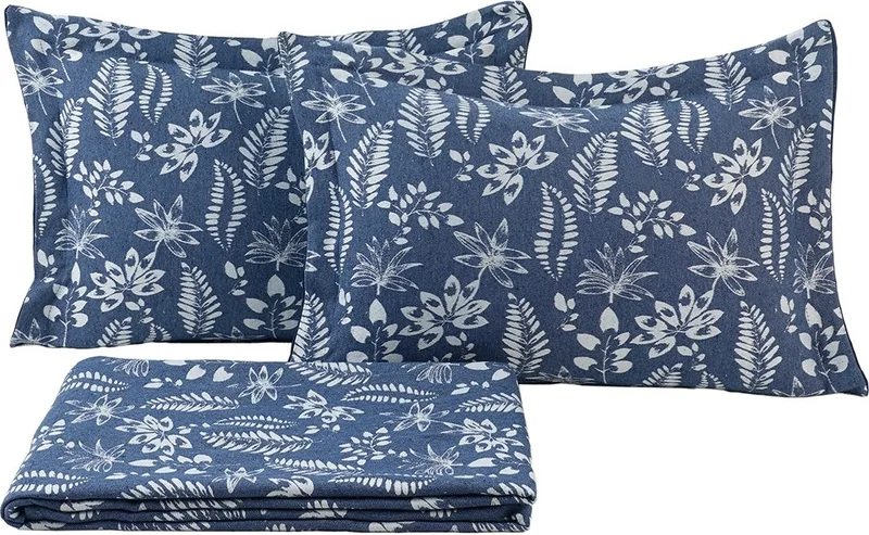 Elart Mokka Linen Look Bedspread Pique Set 3 Piece Double Navy Blue