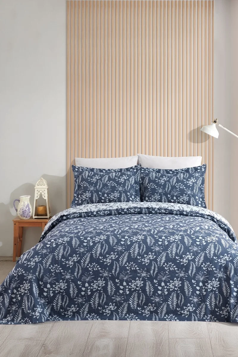 Elart Mokka Linen Look Bedspread Pique Set 3 Piece Double Navy Blue