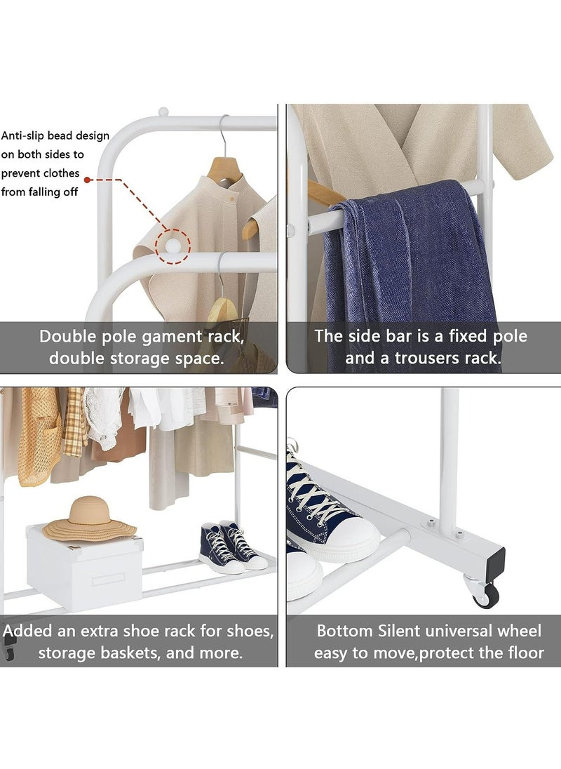 RollsTimi  Double Rods Clothing Rack with Wheels, Garment Rack for Hanging Clothes, Multi functional Bedroom Clothes Rack  - Image 5