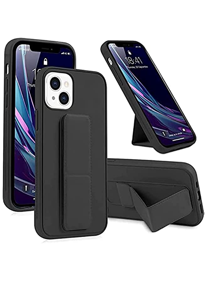 S-TOP iPhone 13 Mini Mobile Case with Magnetic Stand and Holder Hand Strap Grip Premium Silicone Magnetic Car Mount Cover Foldable Kickstand Case Finger Grip Cover (Black) - Image 1