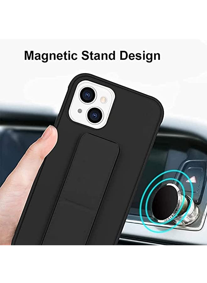 S-TOP iPhone 13 Mini Mobile Case with Magnetic Stand and Holder Hand Strap Grip Premium Silicone Magnetic Car Mount Cover Foldable Kickstand Case Finger Grip Cover (Black) - Image 2