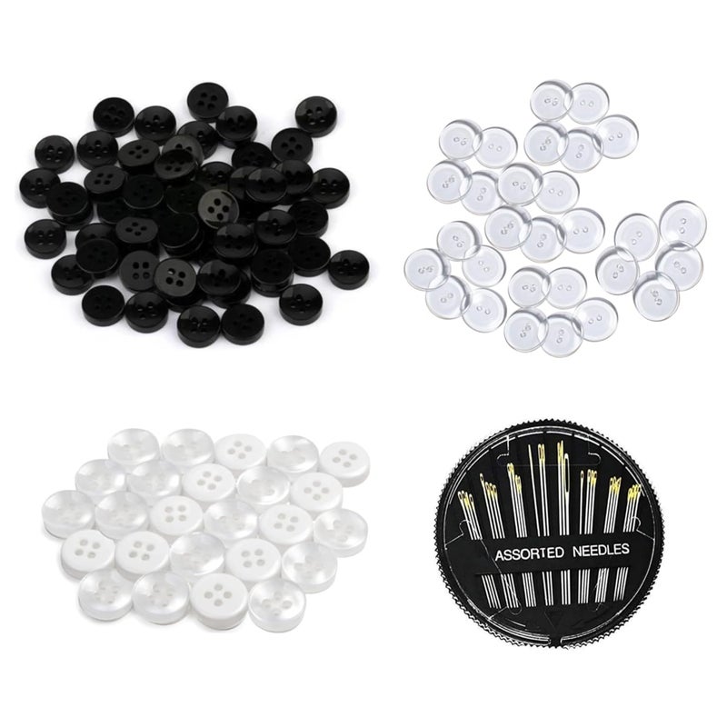 CLEZARO CLEZARO Buttons Combo 80 White 80 Black and 80 Transparent Button with 1 Pcs Compact Assorted Needle Set Ideal for Shirts Blouse Sewing and Dress Making H188 - Image 1