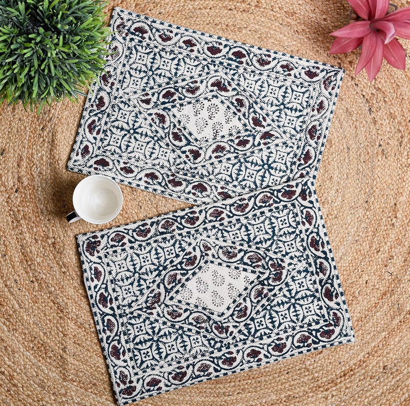 IMPEXART PVT LTD Cotton Woven HandBlock Print Placemats AntiSlip Heat Resistant Pad Western Dining Woven Cotton Dinner Table Mats Desk Holder Home Decor Set of 2 - Image 1