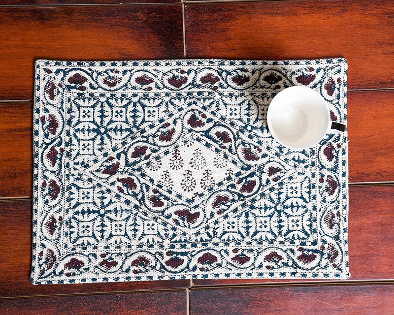 IMPEXART PVT LTD Cotton Woven HandBlock Print Placemats AntiSlip Heat Resistant Pad Western Dining Woven Cotton Dinner Table Mats Desk Holder Home Decor Set of 2 - Image 2