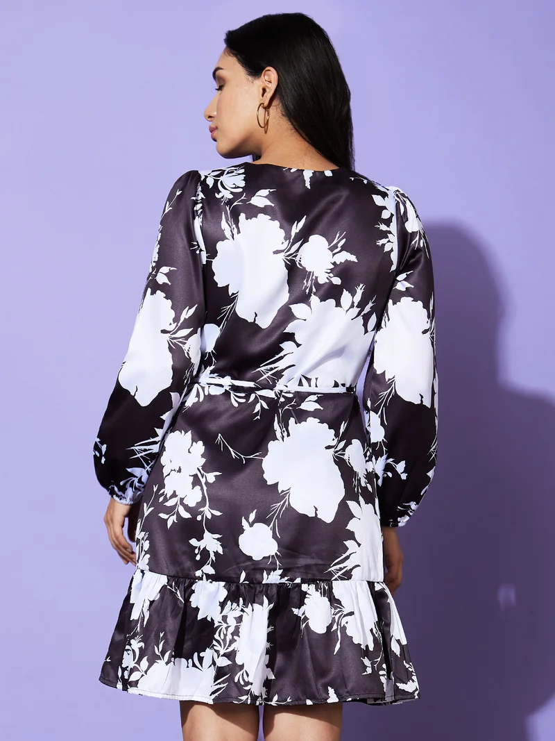 globus Women Black & White Floral Print Satin Wrap Dress