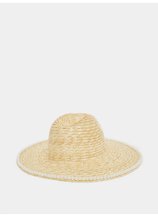 Styli Styli Faux Pearl Embellished Straw Fedora Hat