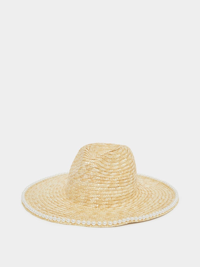 Styli Styli Faux Pearl Embellished Straw Fedora Hat  - Image 1