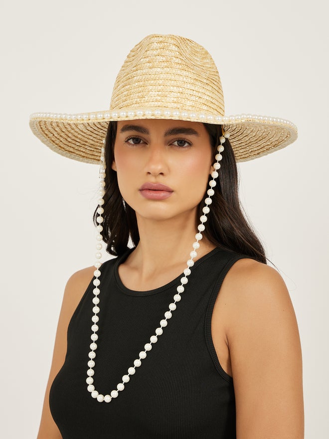 Styli Styli Faux Pearl Embellished Straw Fedora Hat  - Image 4