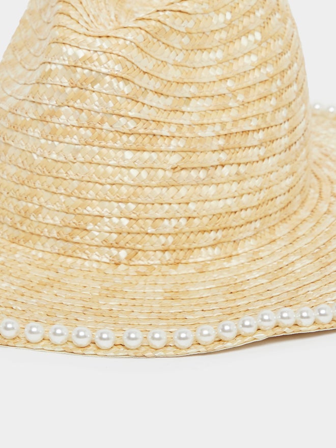Styli Styli Faux Pearl Embellished Straw Fedora Hat  - Image 3